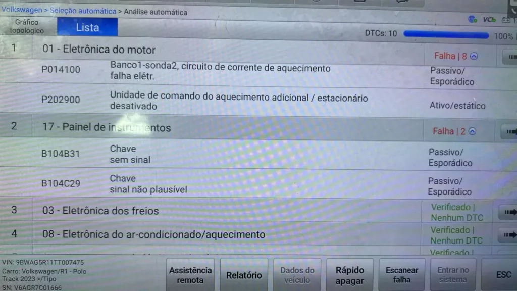 Scanner Autel MaxiSYS mostrando 10 DTCs totais no VW Polo Track 2025 — módulos de motor e painel com falha — Lisboa Car Center Porto Alegre