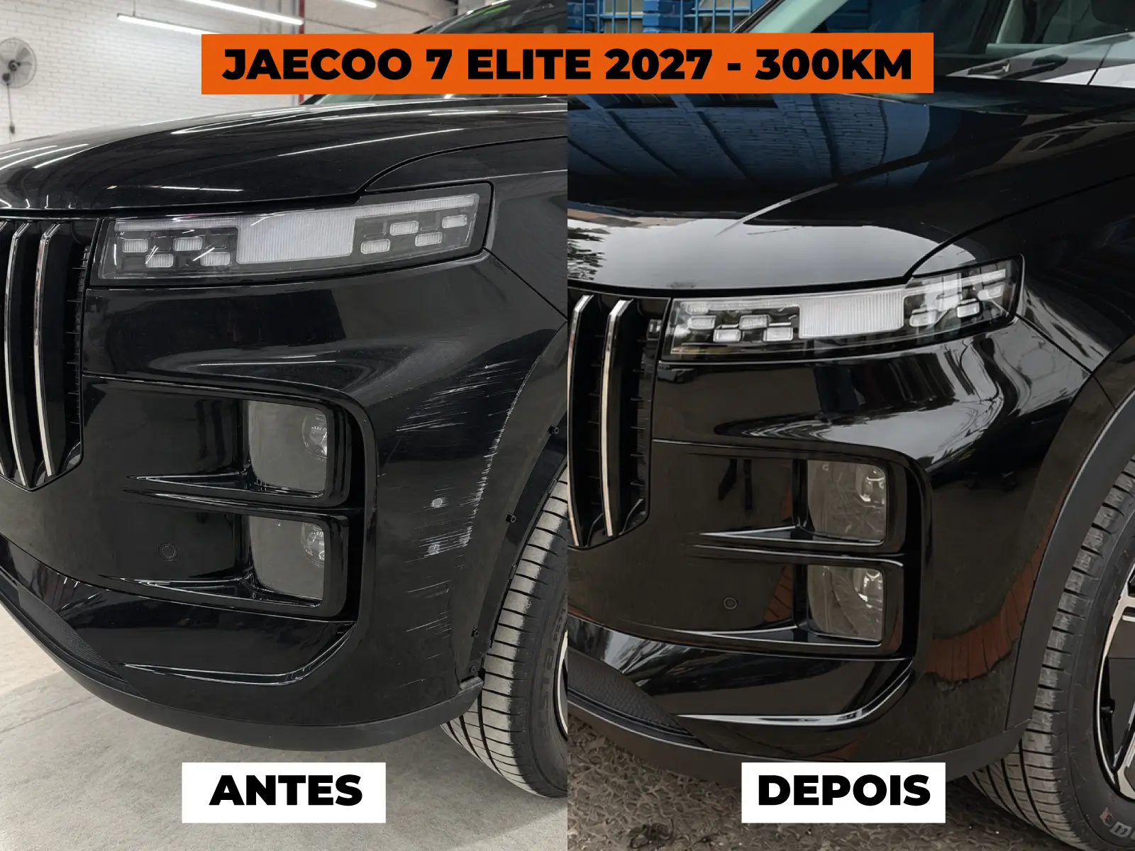 Jaecoo 7 Elite 2027 com 300 km: para-choque e lateral dianteira antes e depois do reparo na Lisboa Car Service, em Porto Alegre