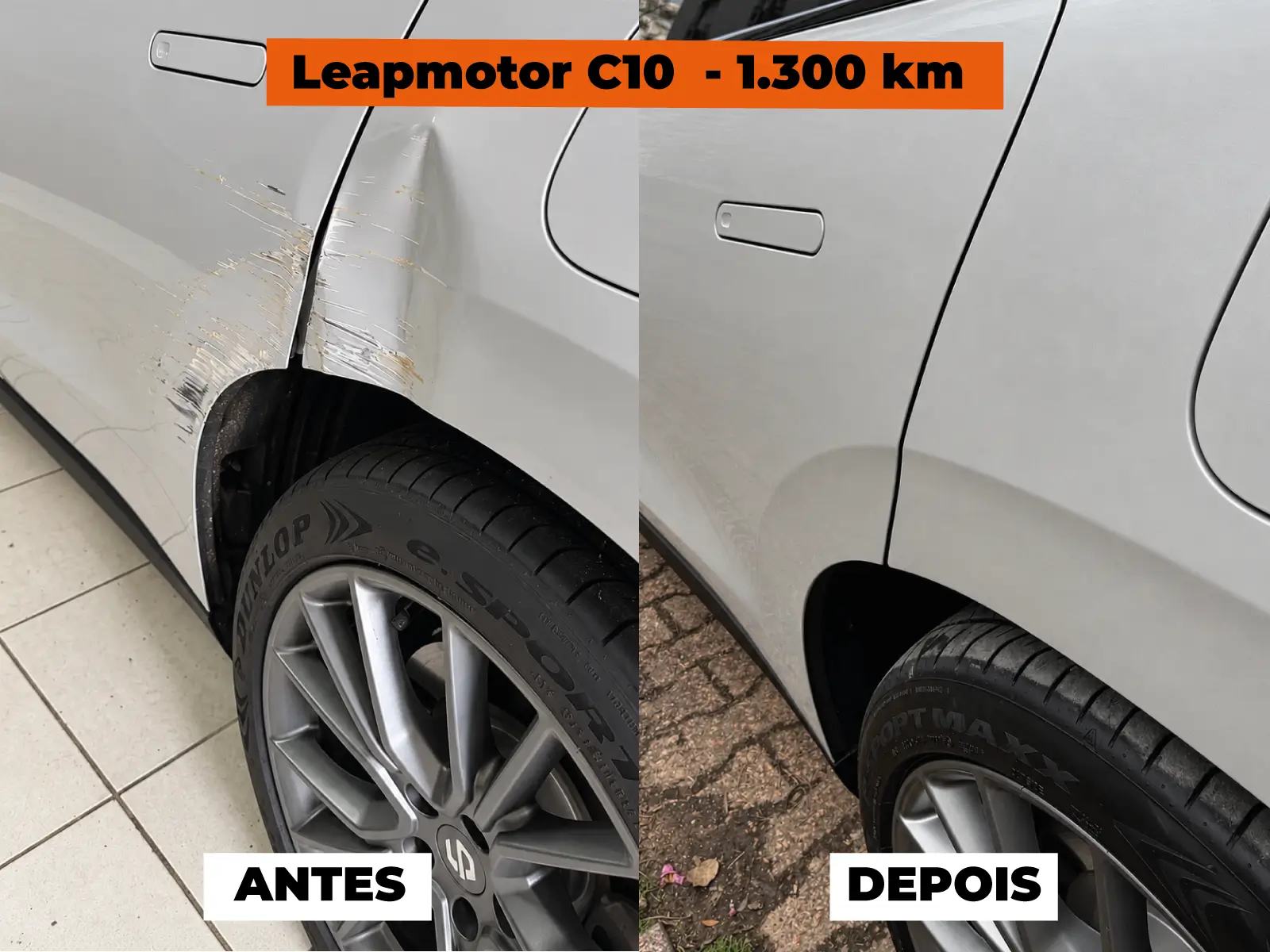 Leapmotor C10 com 1.300 km: lateral traseira antes e depois da funilaria e pintura na Lisboa Car Service, em Porto Alegre
