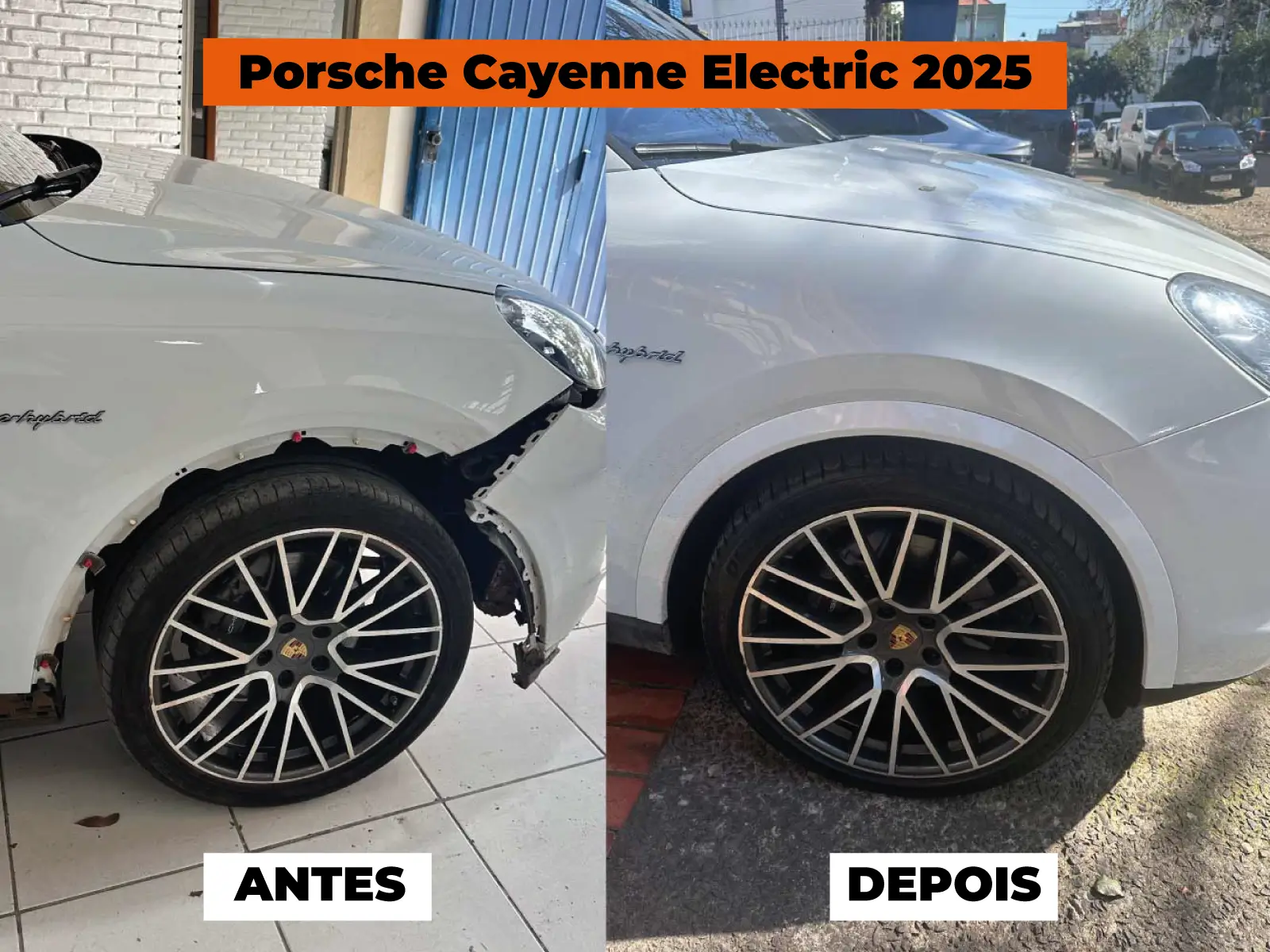 Porsche Cayenne Electric 2025: para-lama dianteiro antes e depois do reparo na Lisboa Car Service, em Porto Alegre